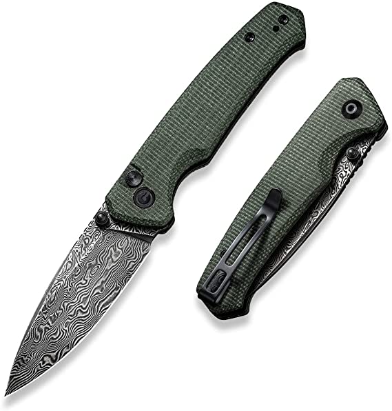 CIVIVI Altus Pocket Folding Knife with Button Lock and Thumb Stud Opener, 2.97" Damascus Blade Green Micarta Handle C20076-DS1