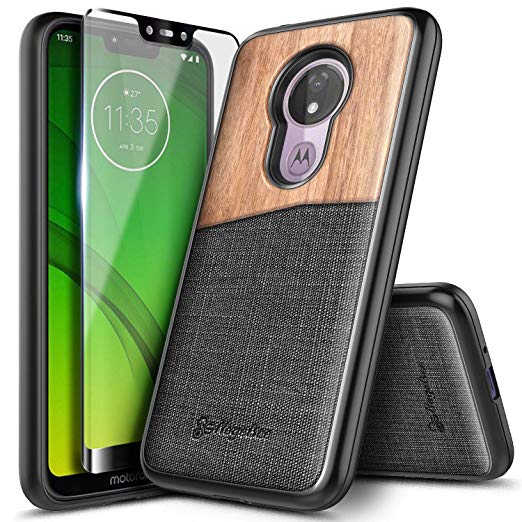 Moto G7 Power Case, Moto G7 Supra with Tempered Glass Screen Protector (Full Coverage), NageBee Premium [Natural Wood] Armor Dual Layer Shockproof Rugged Durable Case for Motorola Moto G7 Power -Wood