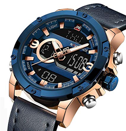Analog Digital Watch Men Sport Military Dual Time Watches Waterproof Leather Casual Wristwatch Blue