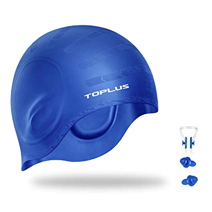 TOPLUS Swim Cap, Silicone Swimming Cap for Women Men Long Hair - 3D Ergonomic Design Comfortable and Durable Comes with Nose Clip & Ear Plugs - Black