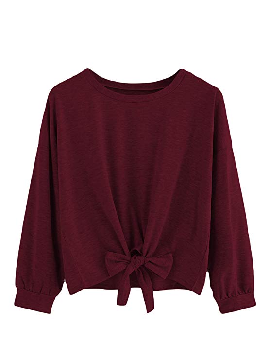 Romwe Women's Cute Knot Front Drop Shoulder Round Neck Long Sleeve T-Shirt Crop Top Blouse