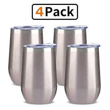 Stemless Wine Glass Tumbler 16 oz Stainless Steel Double Wall Vacuum Insulated Wine Cup with Lid Travel Friendly (4 Pack, Rose Gold)