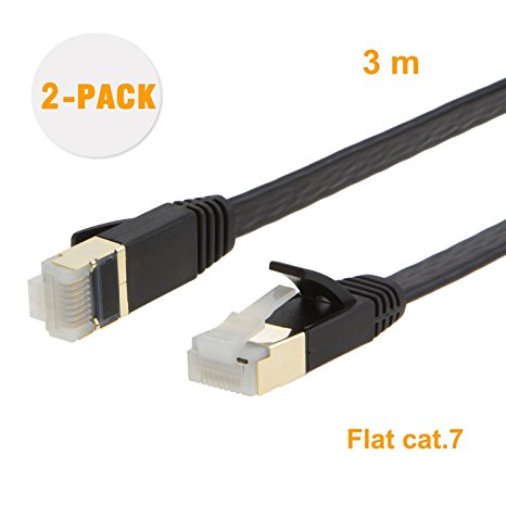 CableCreation (2-PACK) Flat Lan Cable CAT7(Category 7) Shielded Ethernet Patch Cable, 50U”Gold Plated Contact,SSTP Network Cable Up to 10 Gigabit, Band Width:600MHZ ,10ft/3m, Black