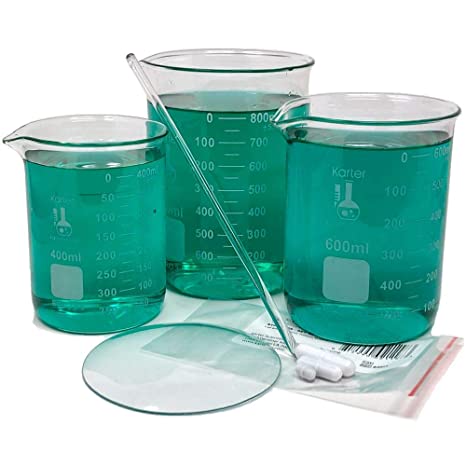 Glass Beaker Mixing Set - 400ml, 600ml, and 800ml Beakers, 8" Glass Stirring Rod, Magnetic Stir Bar Set, 4ml Droppers and 100mm Watch Glass, Karter Scientific