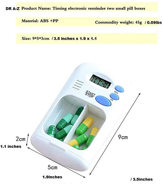 Portable Mini Pill Box Timer with LCD Digital Electric Alarm Medicine Pill Case 2 Grids White Color Two Drawers Divided Plus Memory Fits Large Pills