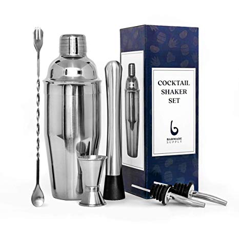 Cocktail Shaker Set by Barmade Supply - 24 Oz stainless steel shaker with strainer, 10 Inch mixing spoon, Muddler, Double jigger, 2 Liquor pourers - Professional bar accessories kit - Unique gift