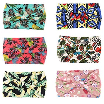 Yeshan Women's 5.5" Wide Elastic Yoga headband Boho Printed Floral Bow Headbands Knotted Cotton Yoga Hairband,Pack of 6