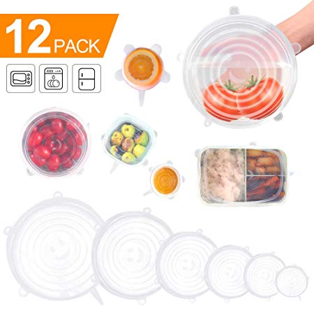 Silicone Stretch Lids, 12 Pack to Keeping Food Fresh, Reusable, Durable and Expandable to Fit Various Sizes for Bowl Covers, Cups, Canned, Pots and Pans in Dishwasher, Microwave and Freezer