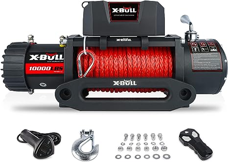 X-BULL New 10000lbs/4545KGS Super High Load Capacity Winch 12V Synthetic Rope Electric Winch with Hawse Fairlead Wireless Handheld Remote and Corded Control Recovery Towing Casr SUVs Trucks