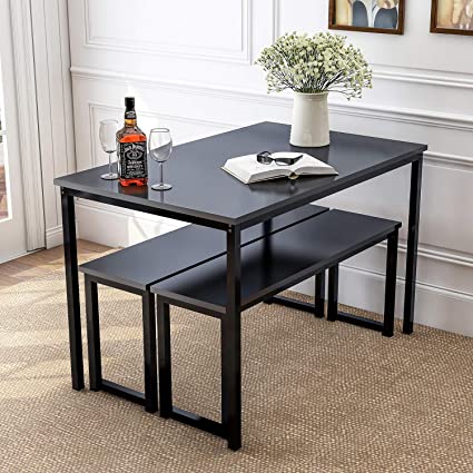 Danxee 3 Piece Dining Set Modern Style Dining Table Kitchen Table with 2 Benches (Black)