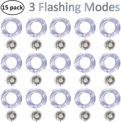 Starry String Fairy Lights 3 Flashing Mode Firefly Lights with Timer,20 Micro LED on 7.2feet/2m Silver Copper Wire Battery Powered for DIY Wedding Party Centerpiece Decorations Pack of 15 (Cool White)