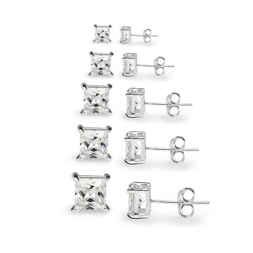 River Island Jewelry -"5 Pairs" Sterling Silver Square CZ Stone Cubic Zirconia Stud Earrings 3mm, 4mm, 5mm, 6mm