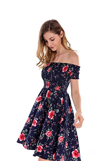 Apperloth Women's Sexy Off Shoulder Dress Floral Print Short Sleeve A-Line Fit and Flare Mini Dress