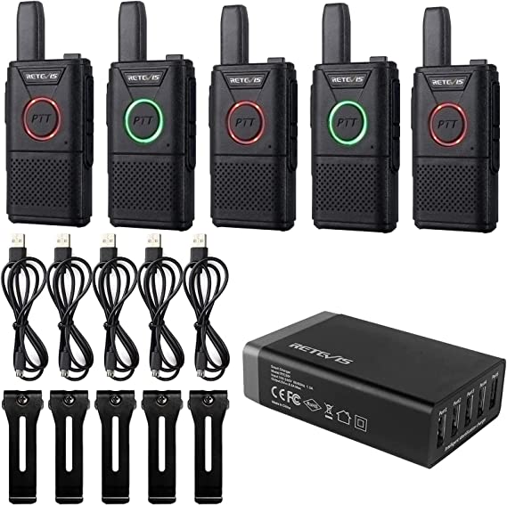 Retevis RT18 Dual PTT Walkie Talkies for Adults,Rechargeable Portable FRS Two-Way Radios,Mini Small,Hands Free(5 Pack) 2 Way Radios with 5-Port USB Charger for Restaurant Clinic Healthcare