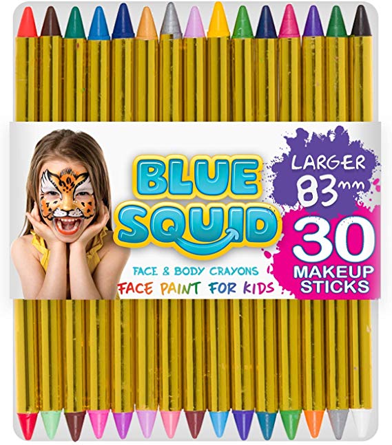 Blue Squid Face Paint Crayons for Kids, 30 Jumbo 83mm/3.25" Face & Body Painting Makeup Crayons, Safe for Sensitive Skin, 6 Metallic & 24 Classic Colours, Great for Children’s Birthday Party