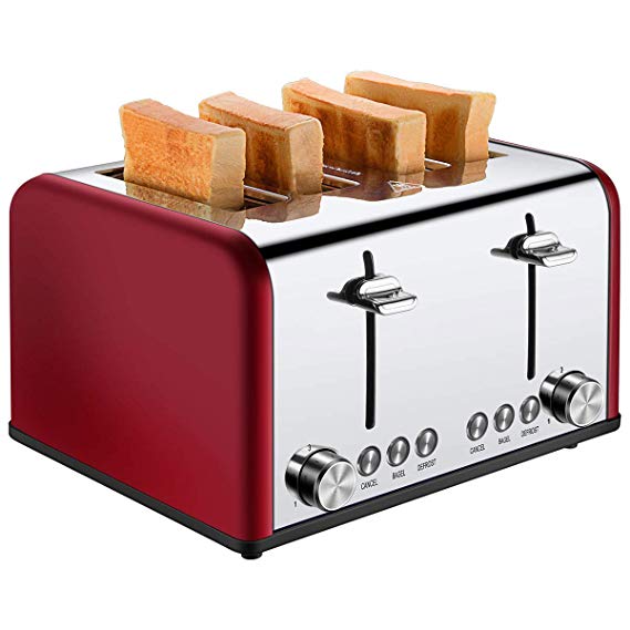 Toaster 4 Slice, CUSIBOX Stainless Steel Toaster with BAGEL/DEFROST/CANCEL Function, Extra Wide Slots Four Slice Bread Bagel Toaster, 1650W, Red