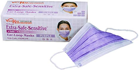 ValuMax 5430E-PP Extra-Safe-Sensitive Disposable Earloop Face Masks, Cellulose Inner Layer, High Filtration, Purple, Box of 50