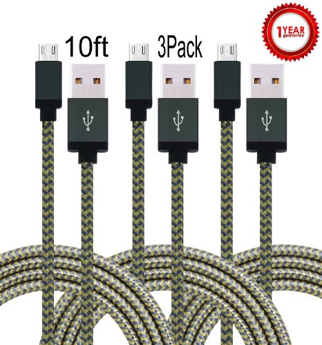 Aplenta Micro USB Cable, 3-Pack 10ft Premium Micro USB Cable High Speed USB 2.0 Sync and Charging Cables for Samsung, HTC, Motorola, Nokia, Android, and More(Gold Gray)