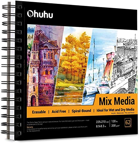 Mix Media Pad, Ohuhu 225×210mm Drawing Sketchbook Pad, 200gsm Heavyweight Papers 62 Sheets/124 Pages, Spiral-Bound Sketch Pad for Acrylic, Watercolor, Painting Mother's Day