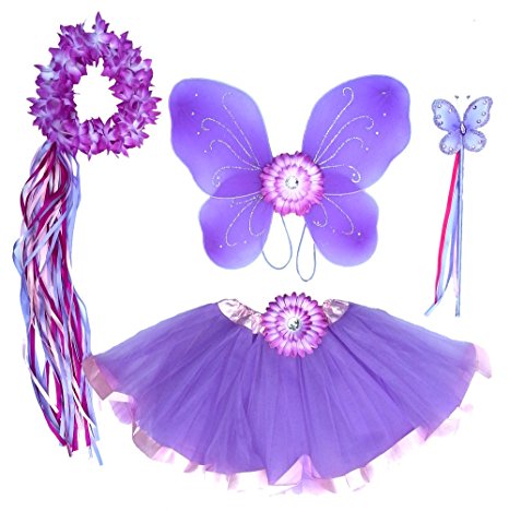 5 PC Girls Lavender and Pink Fairy Set with Wings, Wand, Halo and Flower Clip Age 2-7