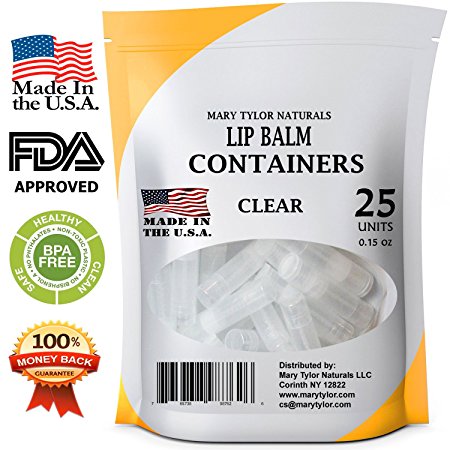 25 Clear Lip Balm Containers, Made in USA, Round Tubes, FDA Approved, 100% BPA Free, with Clear Caps by Mary Tylor Naturals, for DIY Lipstick, homemade Lip Balm (25, Clear)