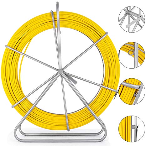 VEVOR Fish Tape Fiberglass 8MM 328FT Duct Rodder Fish Tape Continuous Fiberglass Wire Cable Running with Cage and Wheel Stand