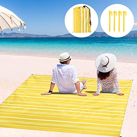 Odoland Beach Blanket Waterproof Sandproof Picnic Blanket , Extra Large 210x200cm Portable Camping Sandproof Lightweight Foldable Beach Mat for Outdoor Travel, Hiking, Beach Vocation 1-5 People Yellow