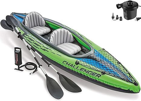 INTEX Challenger Inflatable Kayak Series: Includes Deluxe 86in Aluminum Oar and High-Output Pump – SuperStrong PVC – Adjustable Seat with Backrest – Removable Skeg – Cargo Storage Net