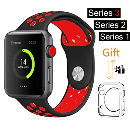 For Apple Watch Band, MOOLLY Soft Silicone Replacement iWatch Band Sport Wrist Strap for Apple Watch Band Series 3 Series 2 Series 1 Sport& Edition (LK42MM-Black/Red)