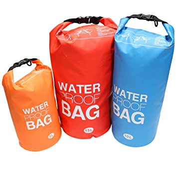 KurtzyTM Set of 3 Waterproof Tarp Dry Bags 5/10/15 Litres Kit Bag For Camping, Water sports, Hiking