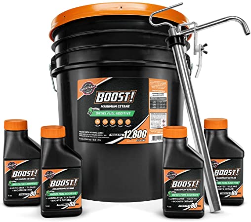 Opti-Lube Boost! Maximum Cetane Formula Diesel Fuel Additive: 5 Gallon Pail with 1 Heavy Duty Metal Pail Pump and 4 Empty 4oz Bottles, Treats up to 12,800 Gallons