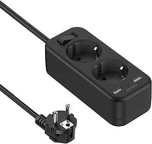 JSVER Steckdosenleiste USB mit 2 Fach, Mehrfachsteckdose Verteilersteckdose 2 USB Anschluss mit Schalter Verlängerungskabel Steckdosenadapter für Büro, Reisen, 1.5m Kabel - Schwarz