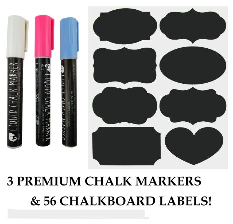 56 Chalkboard Labels & 3 Colored Chalk Markers (Pink, White, & Blue) Heart Designs Included! by JPACO