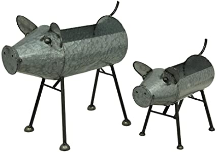Zeckos Galvanized Metal Set of 2 Indoor/Outdoor Pig Planter Sculptures