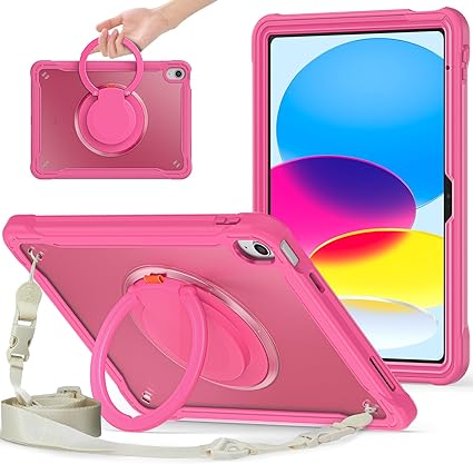 BATYUE iPad 10th Generation Case - Shockproof Protection Cover for 2022 10.9-inch iPad (10th Generation) with Pencil Holder/ 360° Swivel Stand/Shoulder Strap, for Kids - Rose