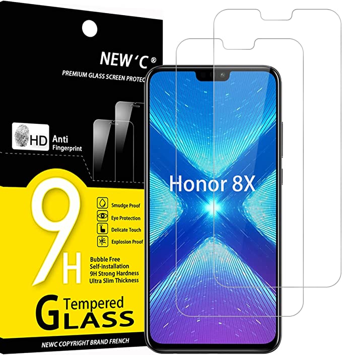 NEW'C 2 Piezas, Protector Pantalla para Honor 8X, Cristal templado Antiarañazos, Antihuellas, Sin Burbujas, Dureza 9H, 0.33 mm Ultra Transparente, Ultra Resistente