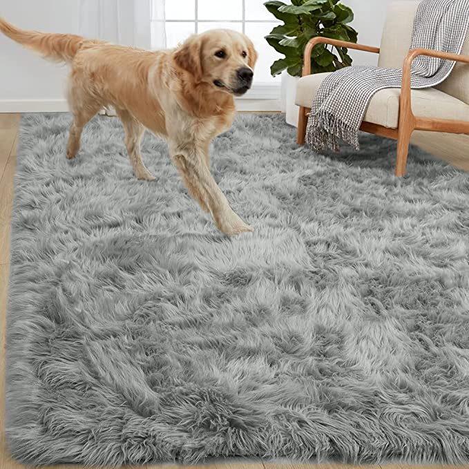 Gorilla Grip Thick Fluffy Faux Fur Washable Rug, Shag Carpet Rugs for Nursery Room, Bedroom, Luxury Home Decor, Soft Floor Plush Carpets, Durable Rubber Backing, Rectangle, 2x3, Light Gray