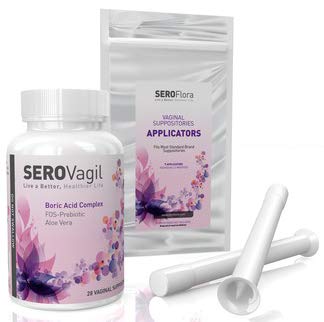 SEROVagil Boric Acid Suppositories, 28 Suppositories, 7 Applicators with FOS-Prebiotic (Probiotic Enhancer) & Aloe Vera (800mg Suppository) - pH Balance for Women - Made in USA