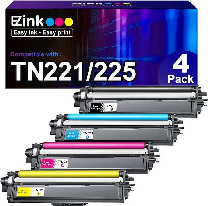 E-Z Ink (TM TN-221 TN-225 Compatible Toner Cartridge Replacement for Brother TN221 TN225 to Use with MFC-9130CW HL-3170CDW HL-3180CDW MFC-9340CDW MFC-9330CDW (1 Black 1 Cyan 1 Magenta 1 Yellow,4 Pack)