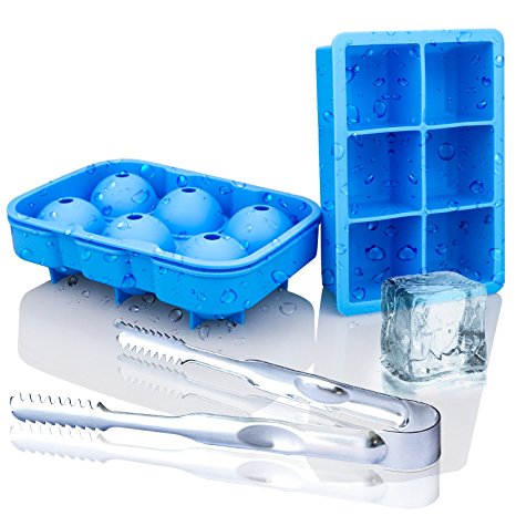 Homder 3 Pack Ice Ball Maker Mold - Blue Flexible Silicone Ice Tray - Molds 4.5cm X 4.5cm (1.78 inch)Sphere Ice Ball Maker with a Stainless Steel Ice Clip