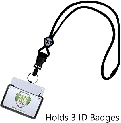 Specialist ID Horizontal 3 Card Badge Holder & Heavy Duty Lanyard with Breakaway Clip and Key Ring - Hard Plastic Rigid Name Tag Protector - Top Load for Three Badges - Clear Front Window (Black)