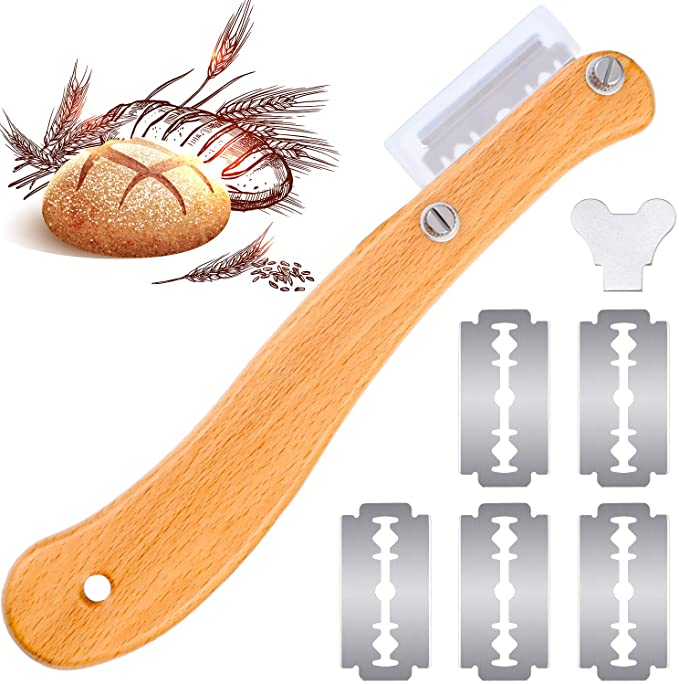 Bread Lame Wooden Handle Bread Slashing Tool Dough Scoring Knife with Protective Covers and 5 Pieces Replaceable Blades for Bread Making Kitchen Accessories