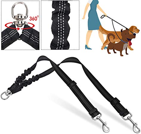 SlowTon Double Dog Leash, No Tangle Double Leash for Dogs Walking Training 360°Swivel  Rotation Reflective Adjustable Length Dual Two Dog Lead Splitter, Comfortable Shock Absorbing Bungee Lead 2 Dogs