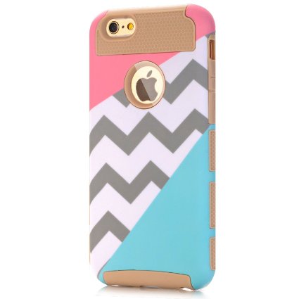 iPhone 6s Case,iPhone 6 Case,LUOLNH [2in1] Heavy Duty Hybrid Hard Case for Apple Iphone 6, 6s[4.7inch], Blue Mint Teal and Coral Pink Split Chevron Design Cover (Gold)