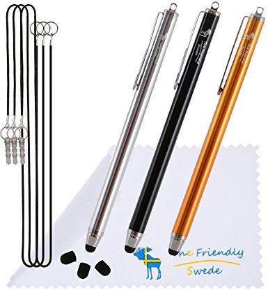 Bundle of 3PCS Premium Branded 5.5" Thin-Tip High Precision Universal Capacitive Stylus Pens   Extra 3 Replaceable Tips and 2 X 15" Detachable Elastic Lanyards (Silver, Black, Orange)