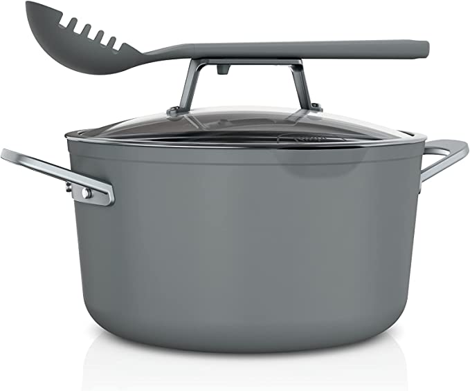 Ninja CW202CGY Foodi NeverStick PossiblePot, 12-in-1 Premium Set with 7-Quart Capacity Pot, Roasting Rack, Glass Lid & Integrated Spoon, Nonstick, Durable & Oven Safe to 500°F, Grey