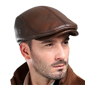 VEMOLLA Men's Genuine Cowhide Leather Beret Hunting Cap Beanie Trucker Cap Mens Sports Hat