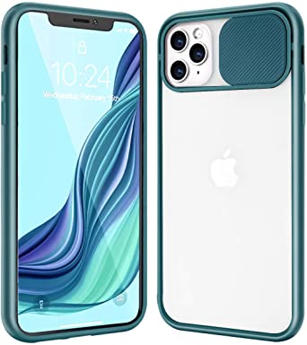 Ownest Compatible with iPhone 11 Pro Max Clear Frosted Case,with Slide Camera Cover Protection Design,Slim and Lightweight Anti-Yellow Case for iPhone 11 Pro Max-Pine Green