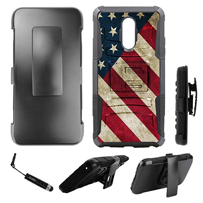 URAKKI Holster Case, Hybrid 2-Layer Shock Proof Rugged Heavy Duty Armor Holster Kickstand Case Compatible with OnePlus 6T (2018) 6.4-inch [Patriotic American Flag] Design Case