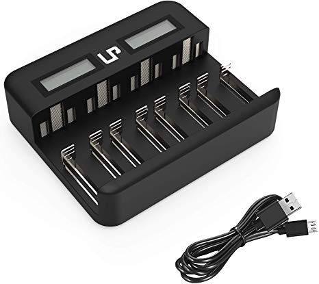 LP AA AAA C D Battery Charger, 8 Slot Smart Fast Charger with LCD Display for AA AAA C D Ni-MH/Ni-Cd Rechargeable Batteries (5V/2A Micro-USB Input)